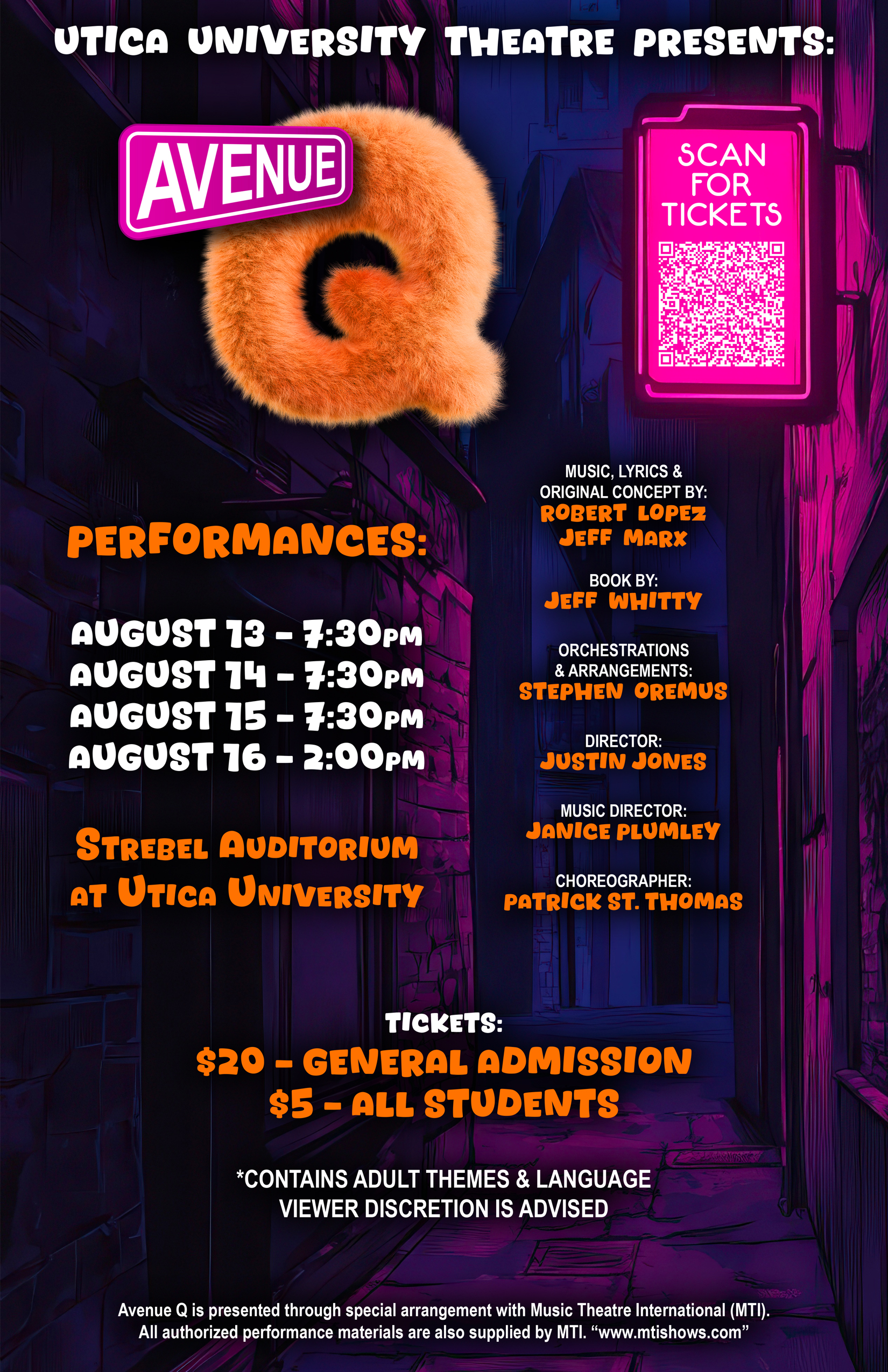 Purple0inted background of an alley with large fuzzy orange Q up top with show information for August 2026.